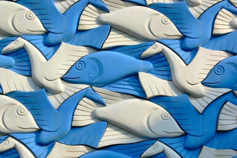 blue and white fish sculpture
