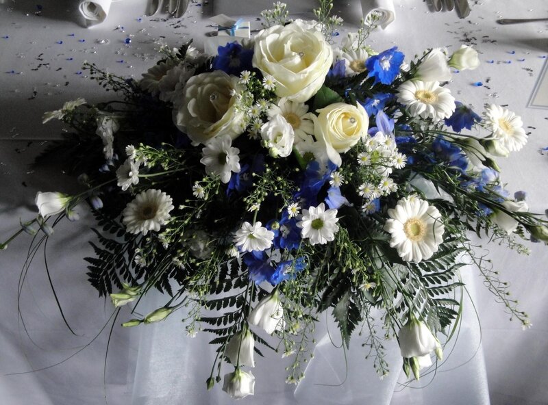 Blue and white floral centerpiece