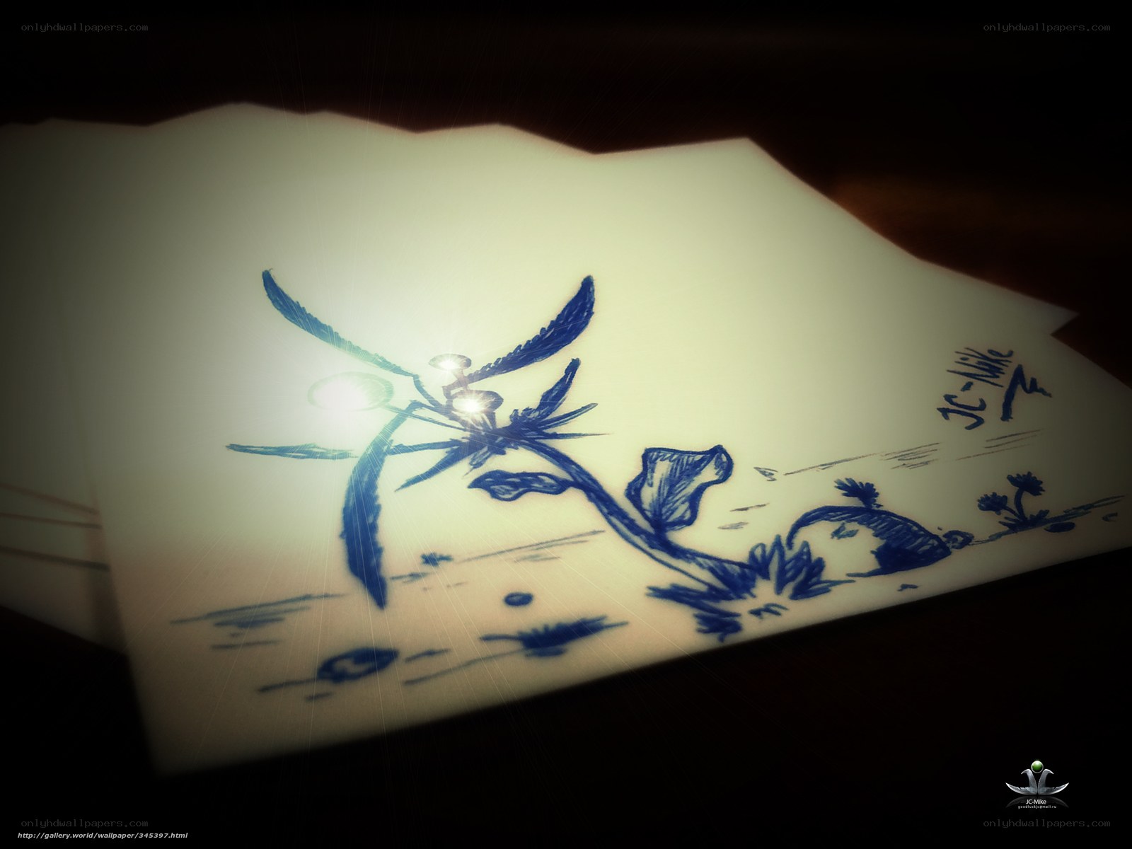 Blue and white floral drawing