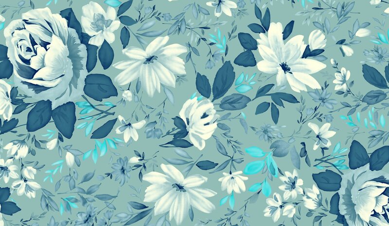 Blue and White Floral Pattern — Teal, Calm, Illustration