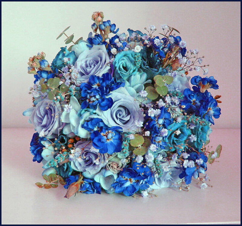 Blue and White Flower Bouquet — Calm, Photograph, Roses