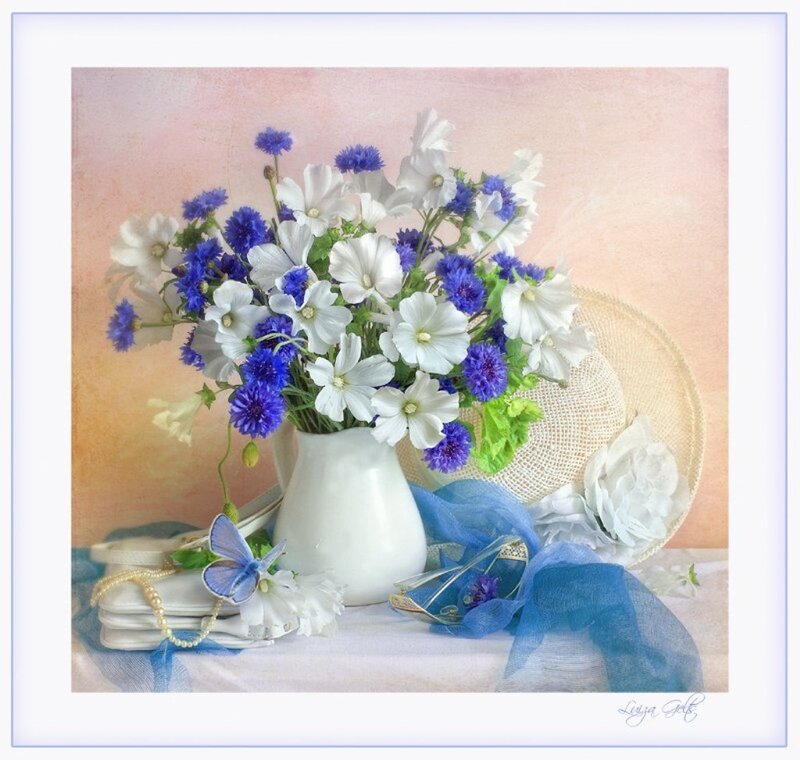 Blue and White Flowers — Serene, Digital Art, Hat
