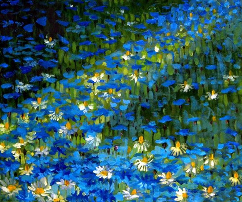 Blue and White Flowers — Serene, Painting, Greenery