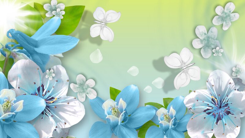 Blue and White Flowers — Serene, Spring, Digital Art