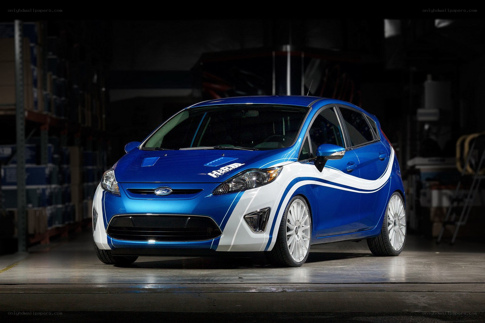 blue and white ford fiesta