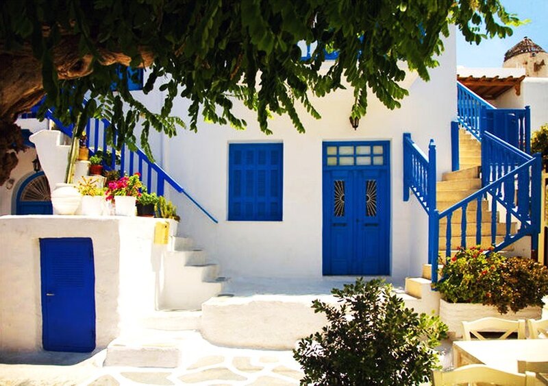 Blue and white Greek village house