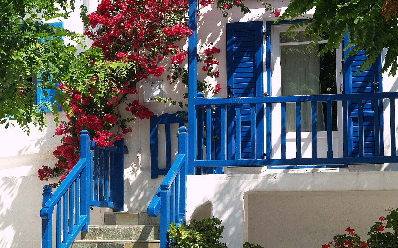 Blue and white house with flowers