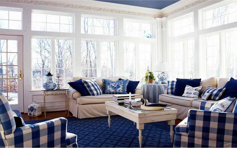 blue and white living room