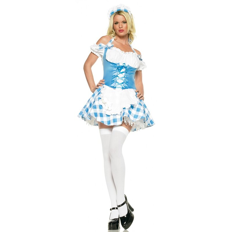 blue and white maid costume