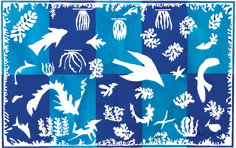 Blue and white marine life art