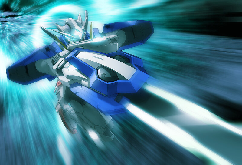 Blue and white mecha in motion