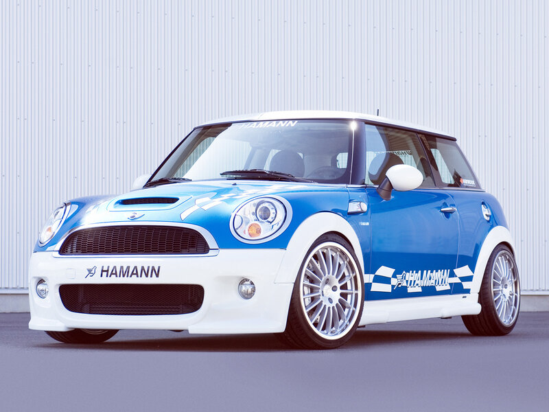 Blue and white MINI Cooper