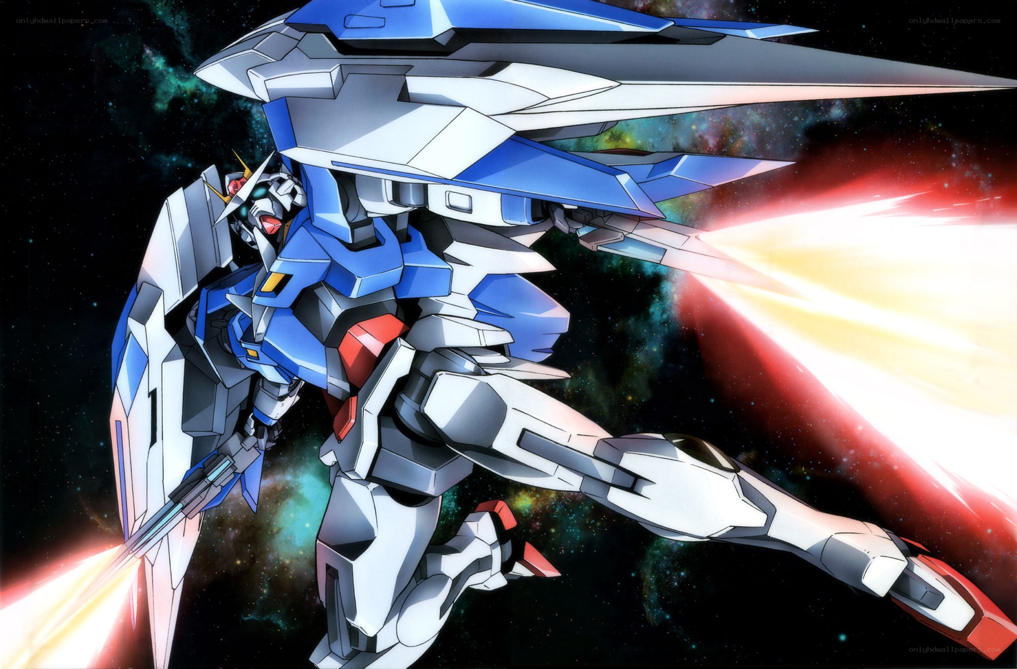 Blue and white mobile suit in space