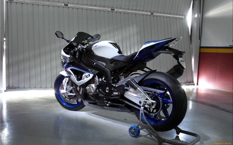 Blue and White Motorcycle — Dramatic, Photograph, Garage