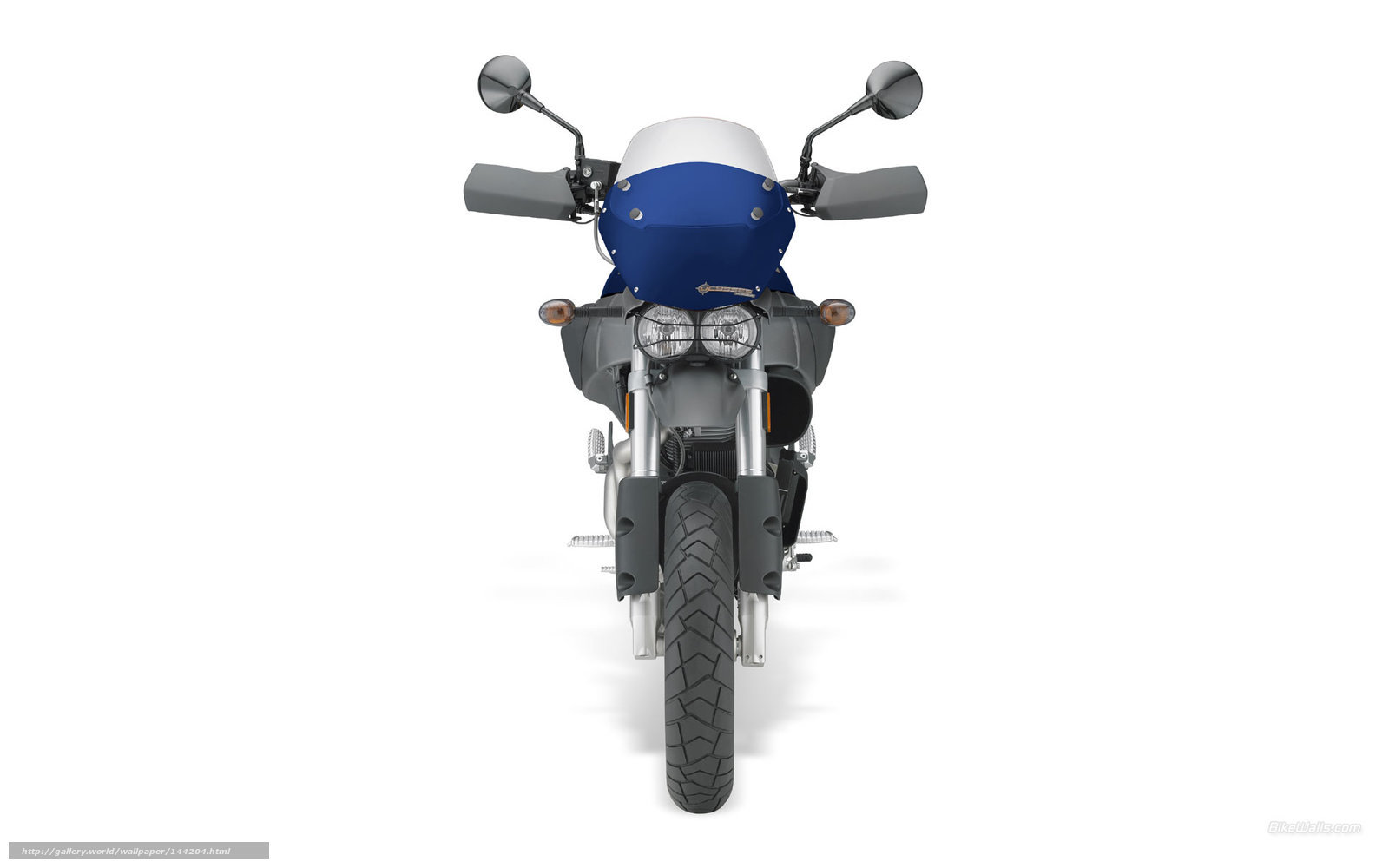 blue and white motorcycle front view