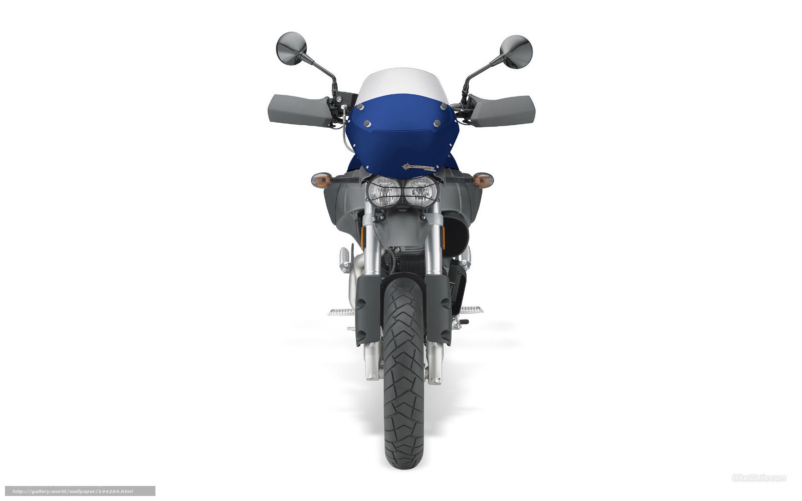 blue and white motorcycle front view