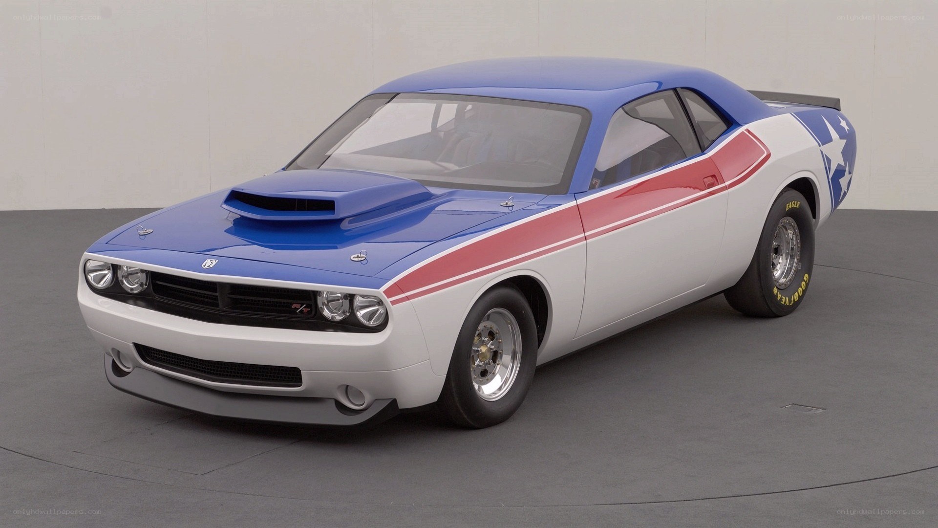 Blue and white muscle car