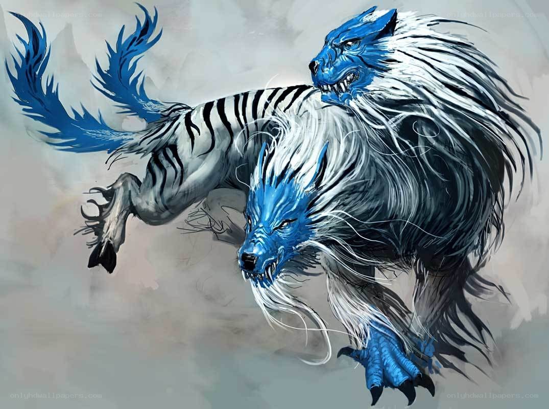 Blue and white mythical beasts