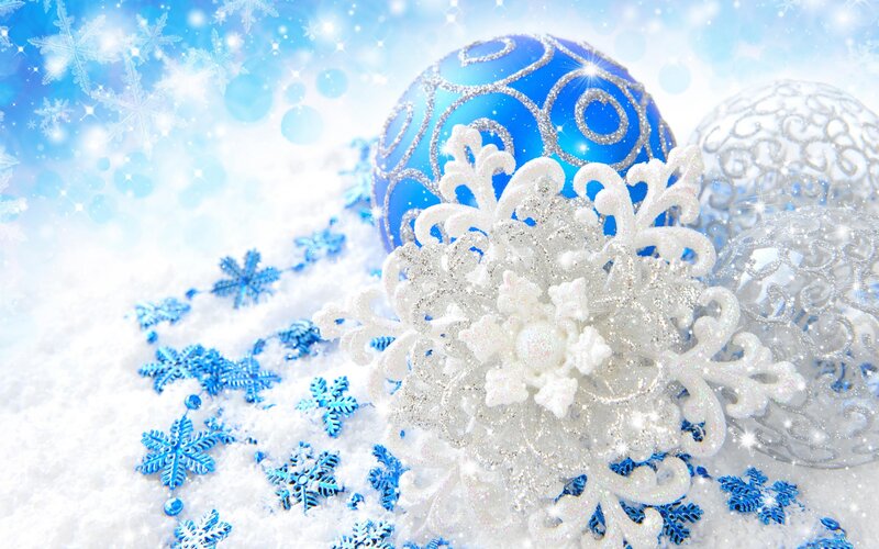 Blue and White Ornaments — Festive, Winter, Digital Art, Snowflakes, Snow