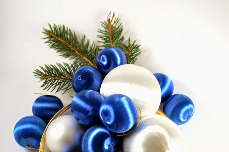 Blue and White Ornaments — Festive, Winter, Photograph, Pine Branches