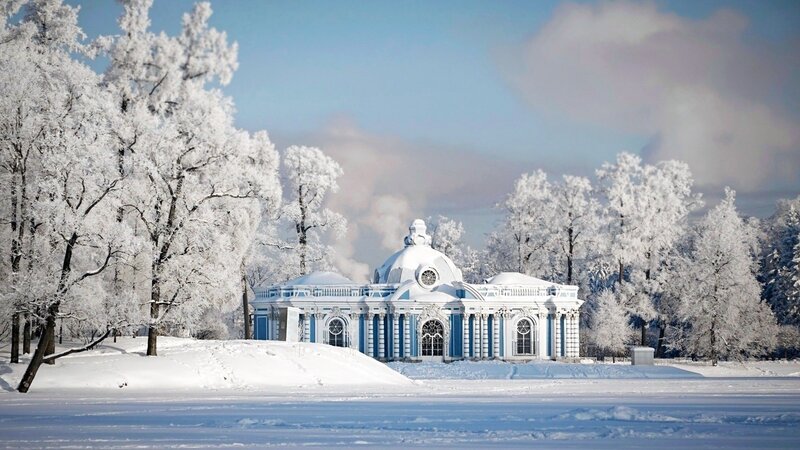 Blue and White Pavilion — Serene, Winter, Photograph