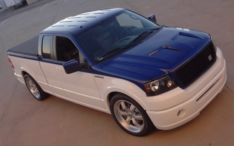 blue and white pickup truck