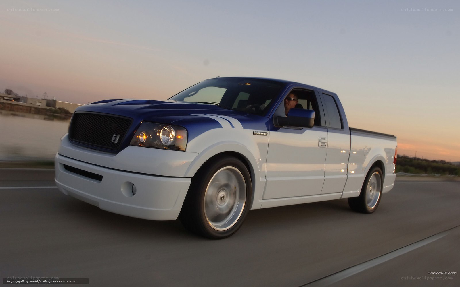 blue and white pickup truck