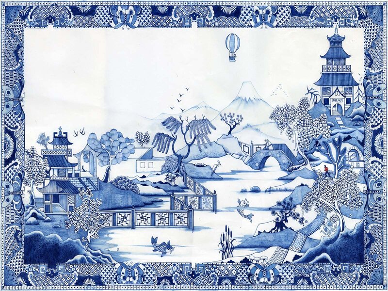 Blue and white porcelain landscape