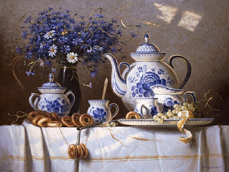 Blue and white porcelain still life