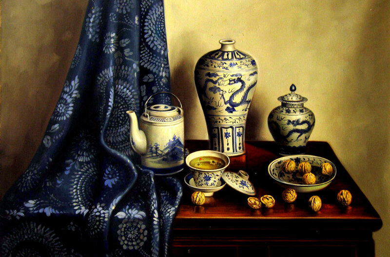 Blue and white porcelain still life