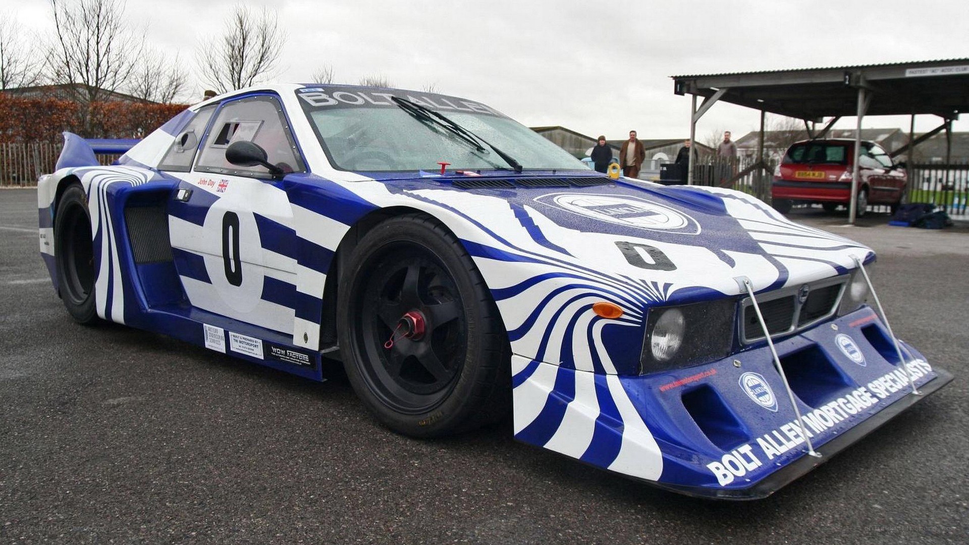 Blue and white race car