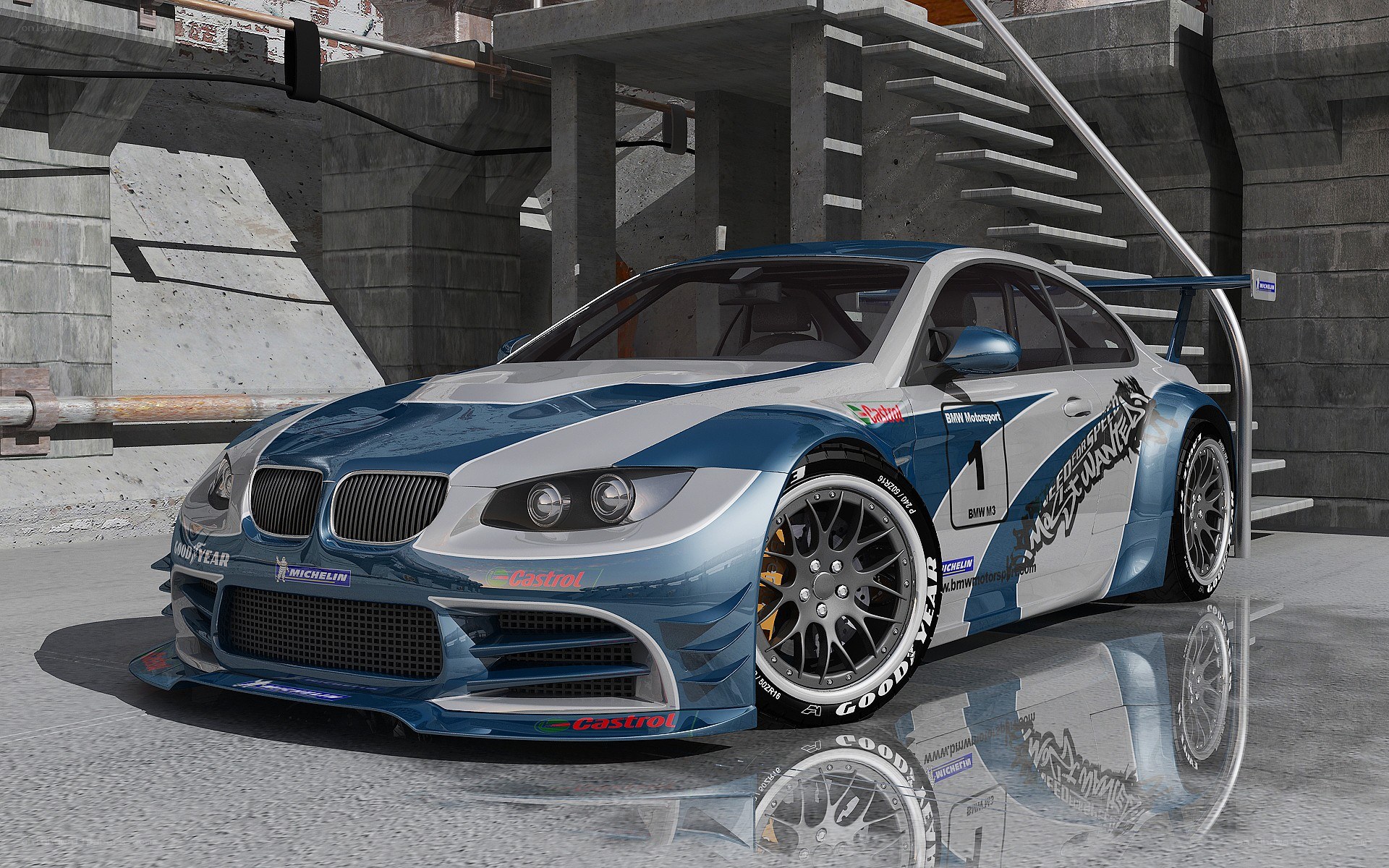 blue and white race car