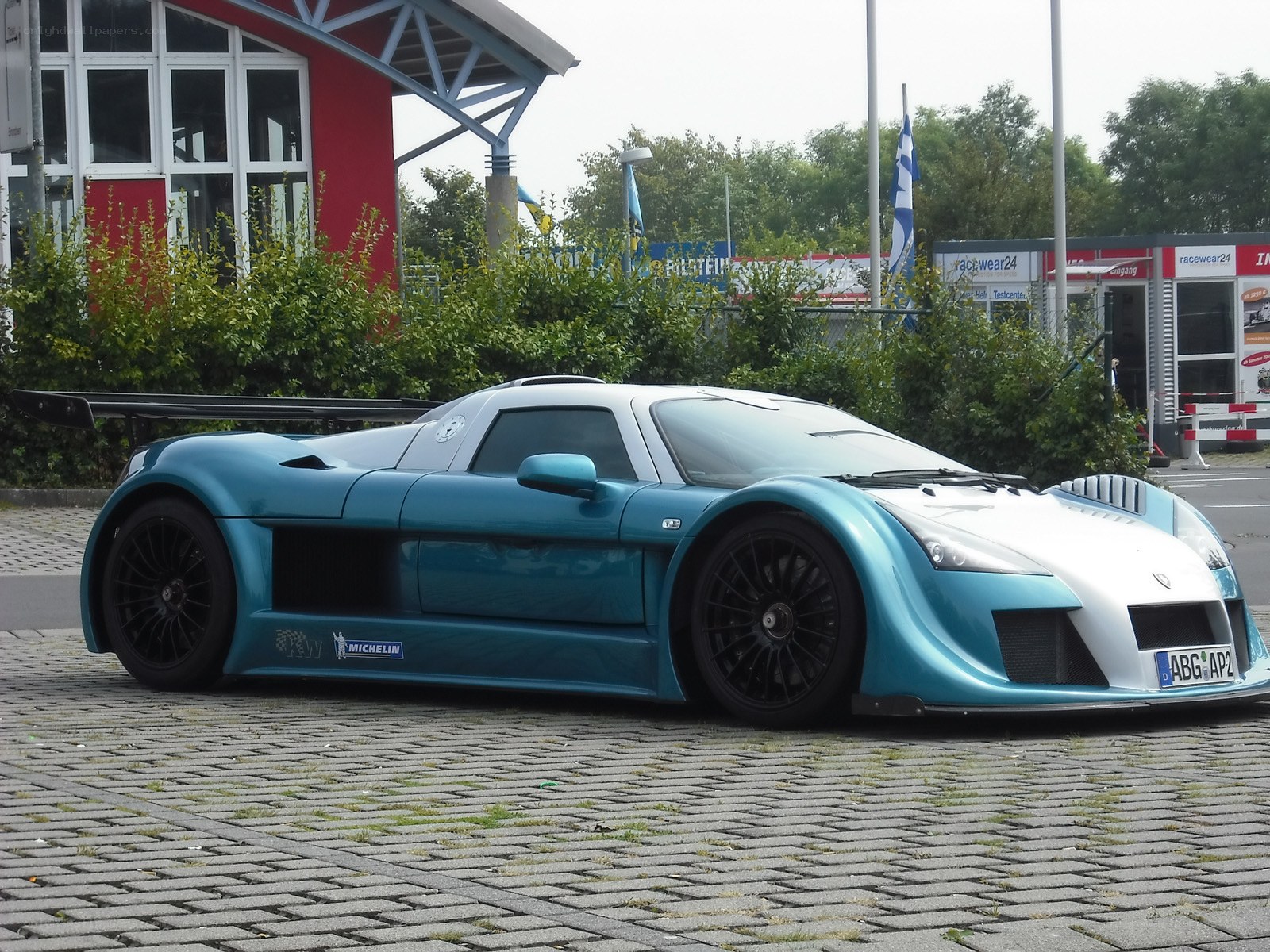 Blue and white race car