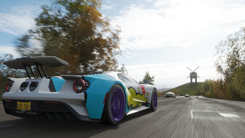 Blue and White Race Car — Dynamic, Afternoon, 3d Render, Windmill
