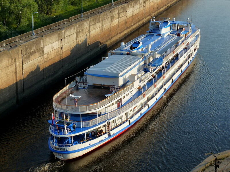 Blue and White River Cruise Ship