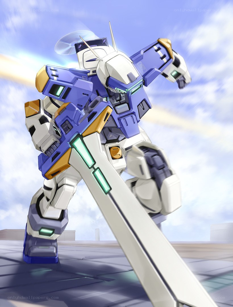 blue and white robot with sword