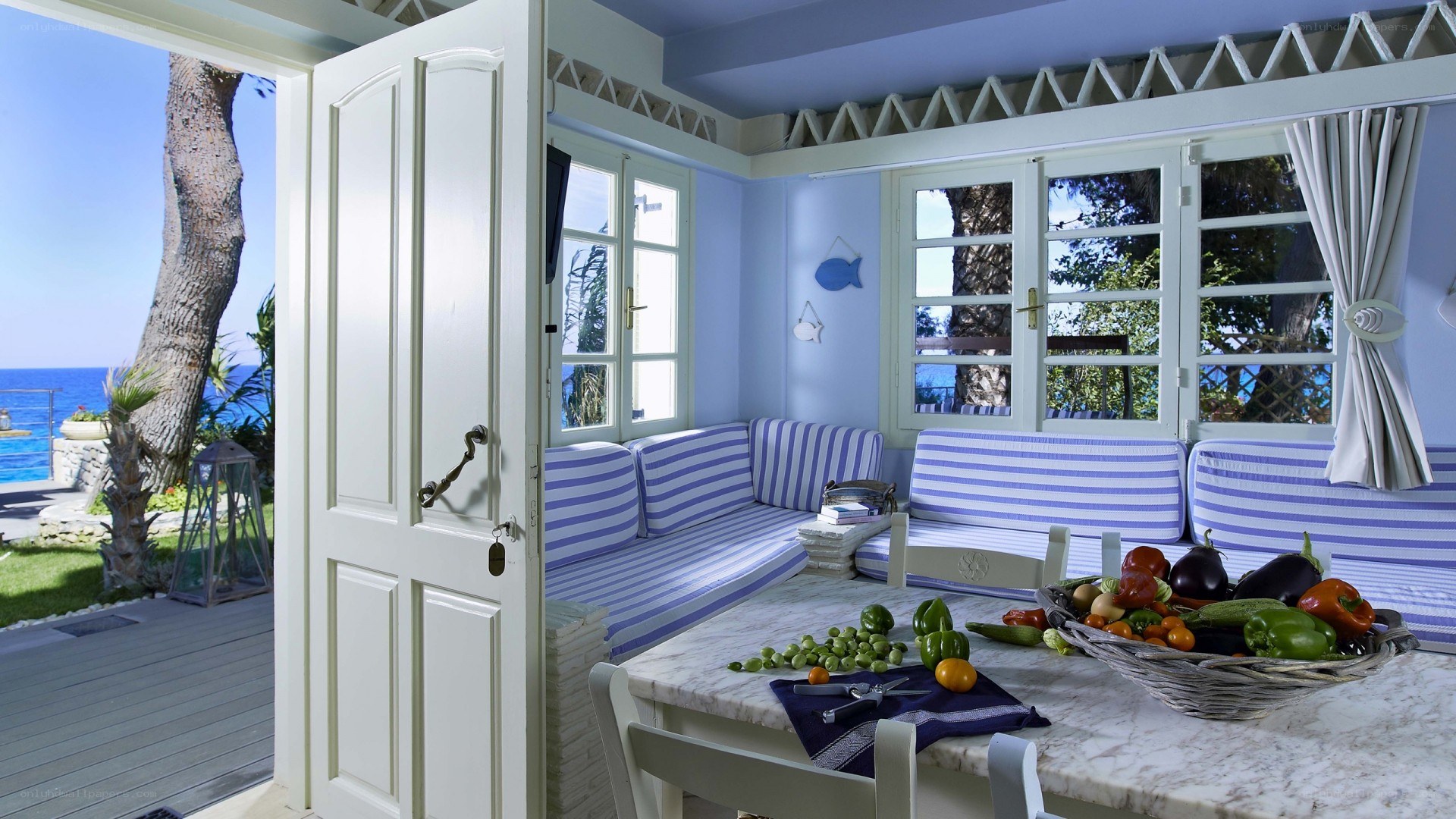 Blue and white seaside dining area