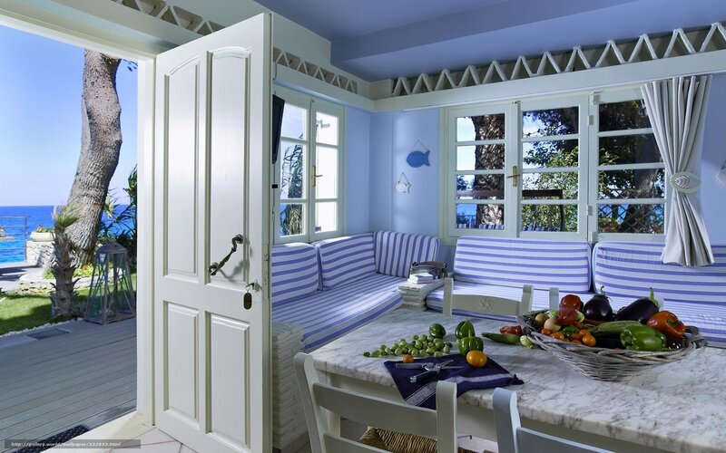 Blue and white seaside dining room