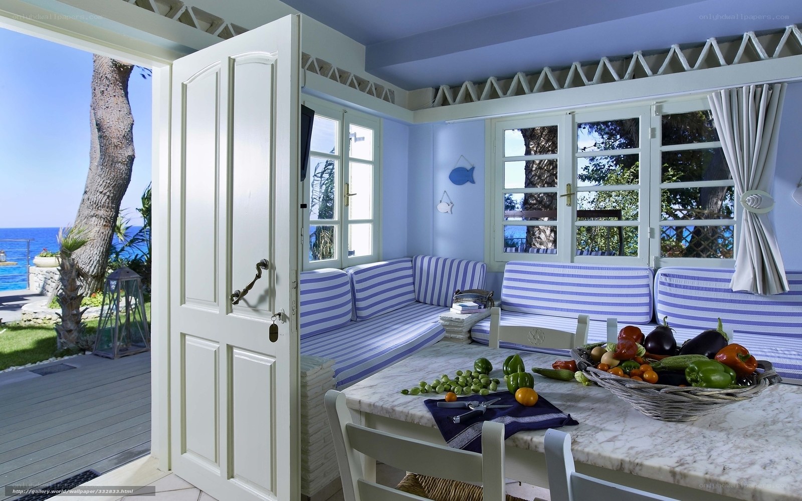 Blue and white seaside dining room