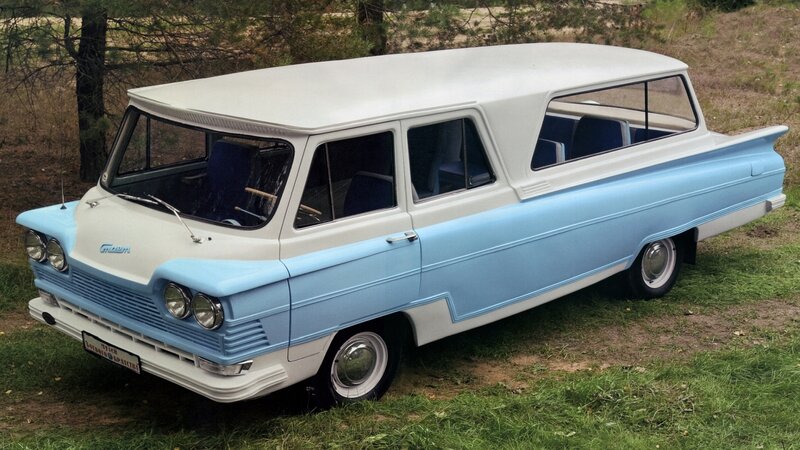 Blue and White Station Wagon
