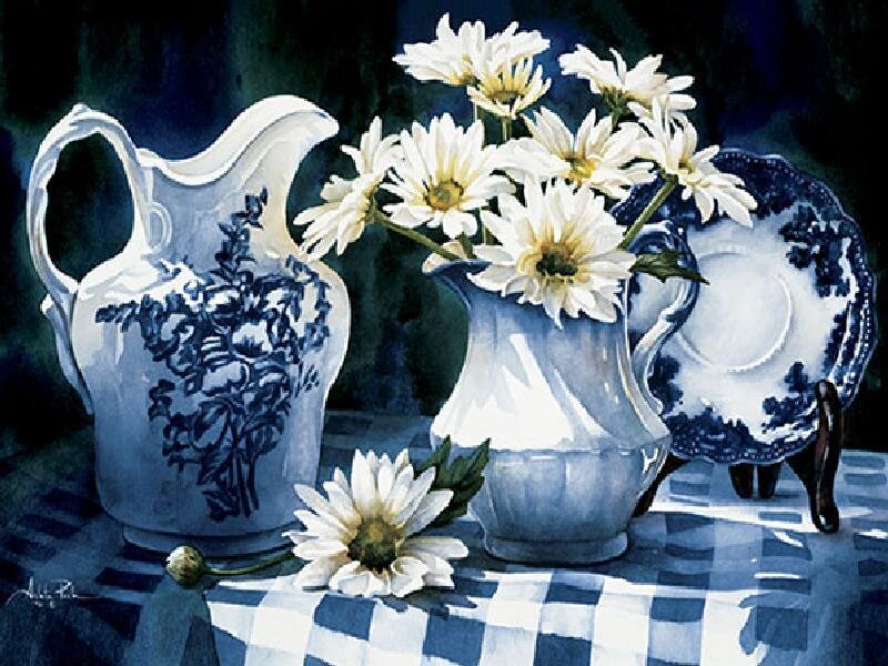 Blue and white still life with flowers
