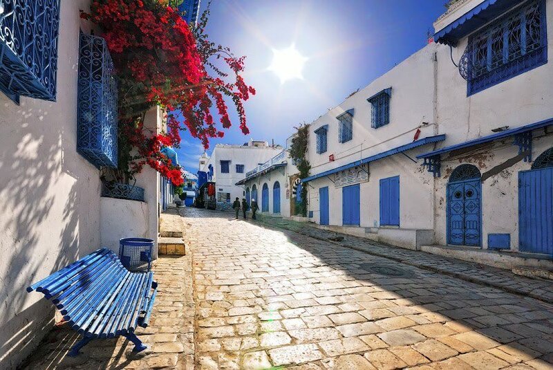 Blue and white street in Tunisia