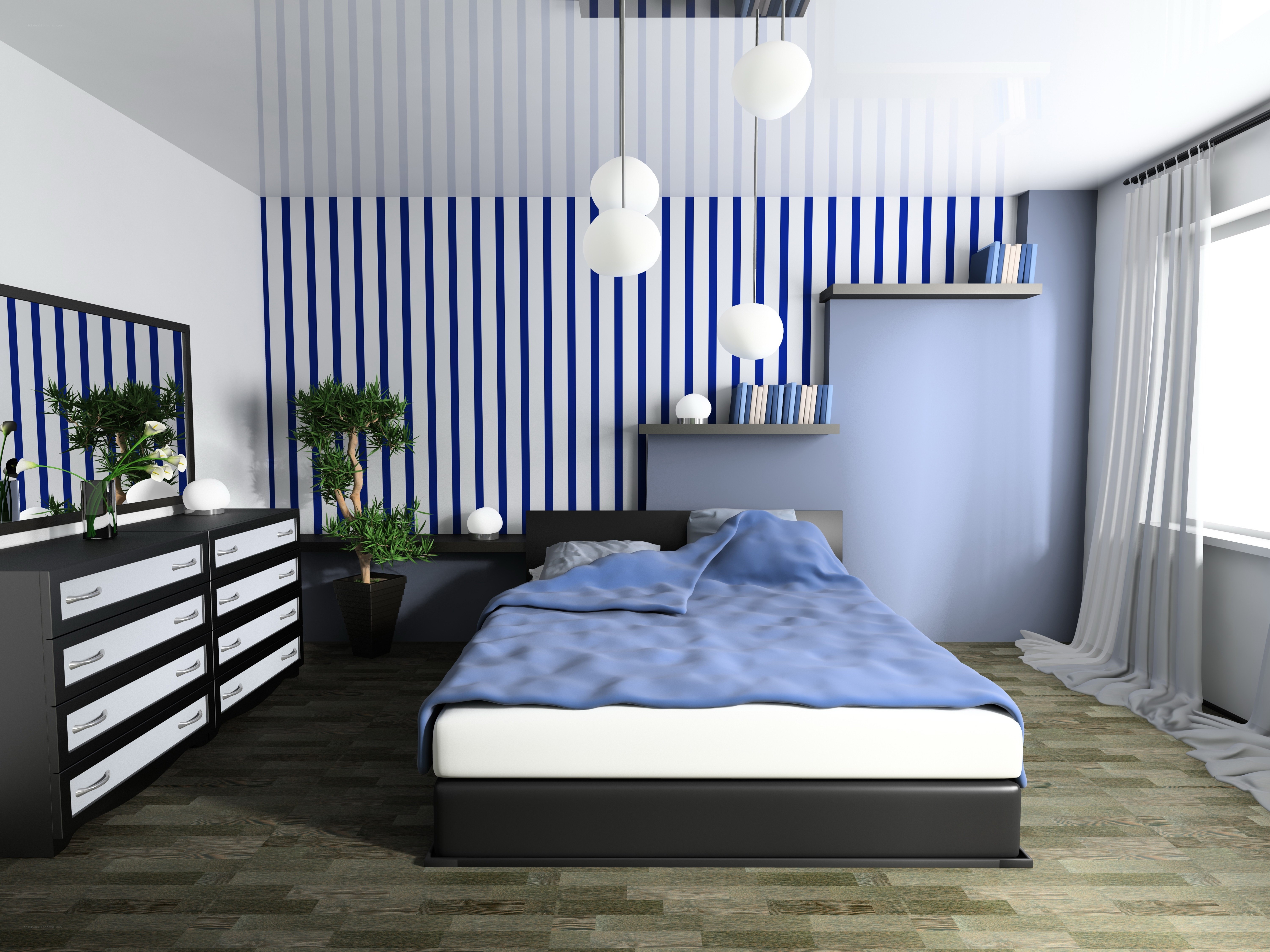 Blue and white striped bedroom