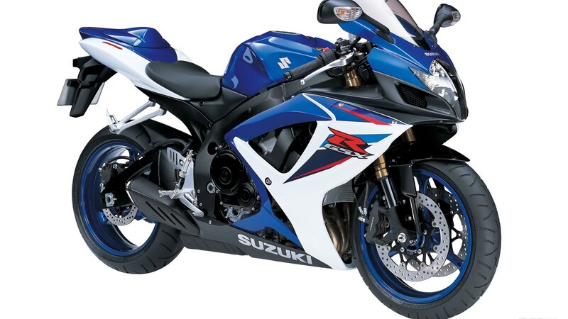 Blue and white Suzuki GSX-R motorcycle