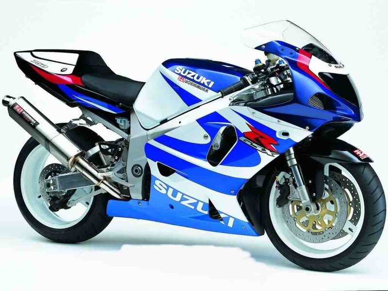 Blue and white Suzuki sport motorcycle