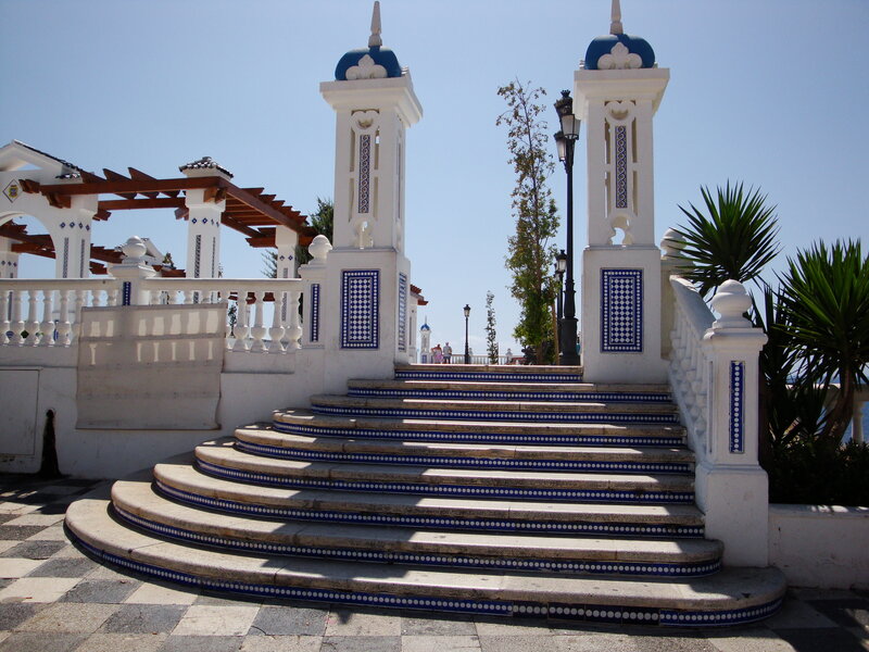 blue and white tiled staircase