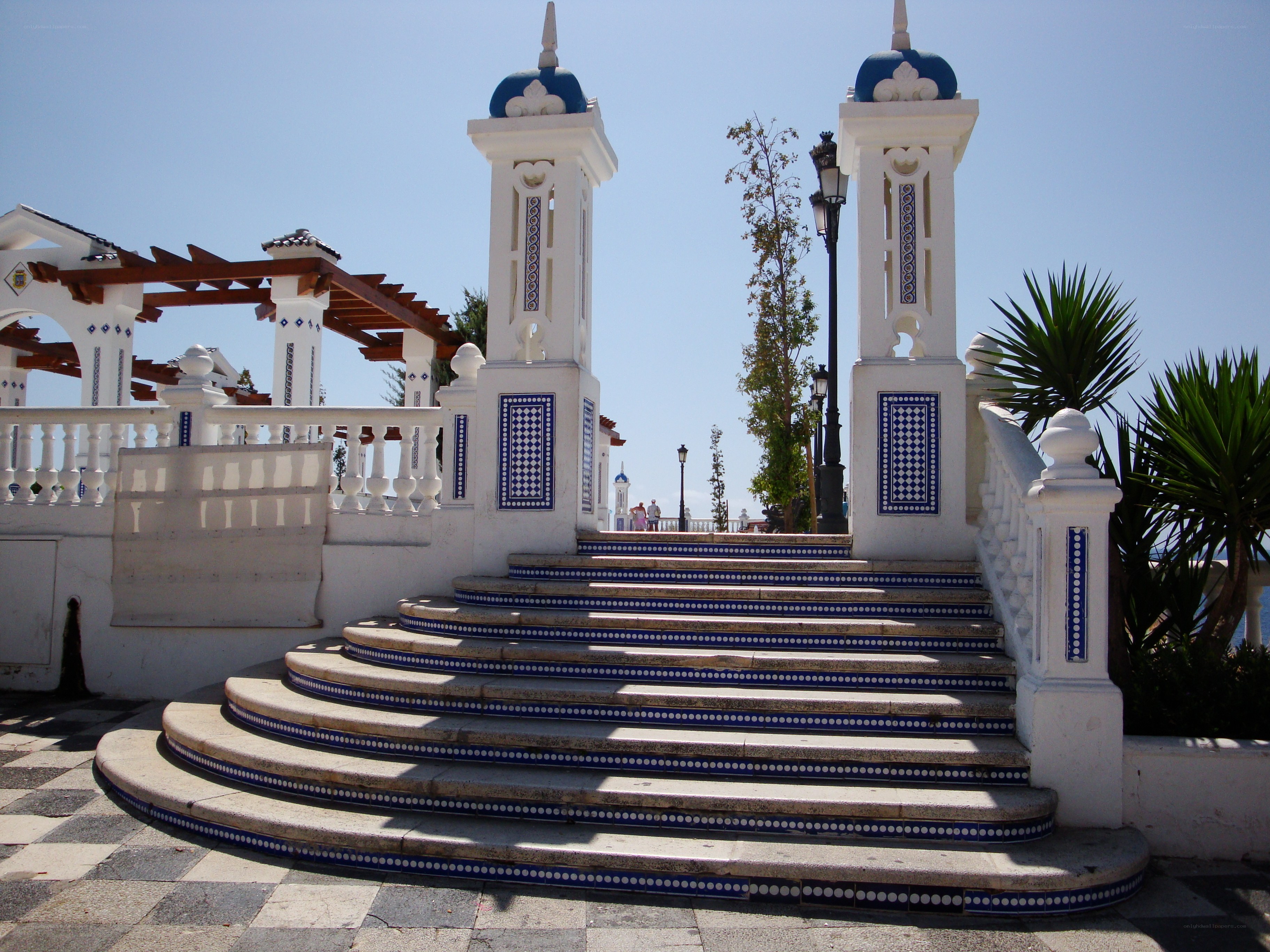 blue and white tiled staircase