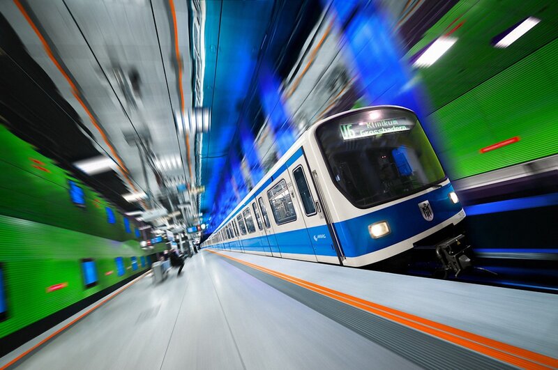 Blue and White Train — Dynamic, Photograph, Train Station
