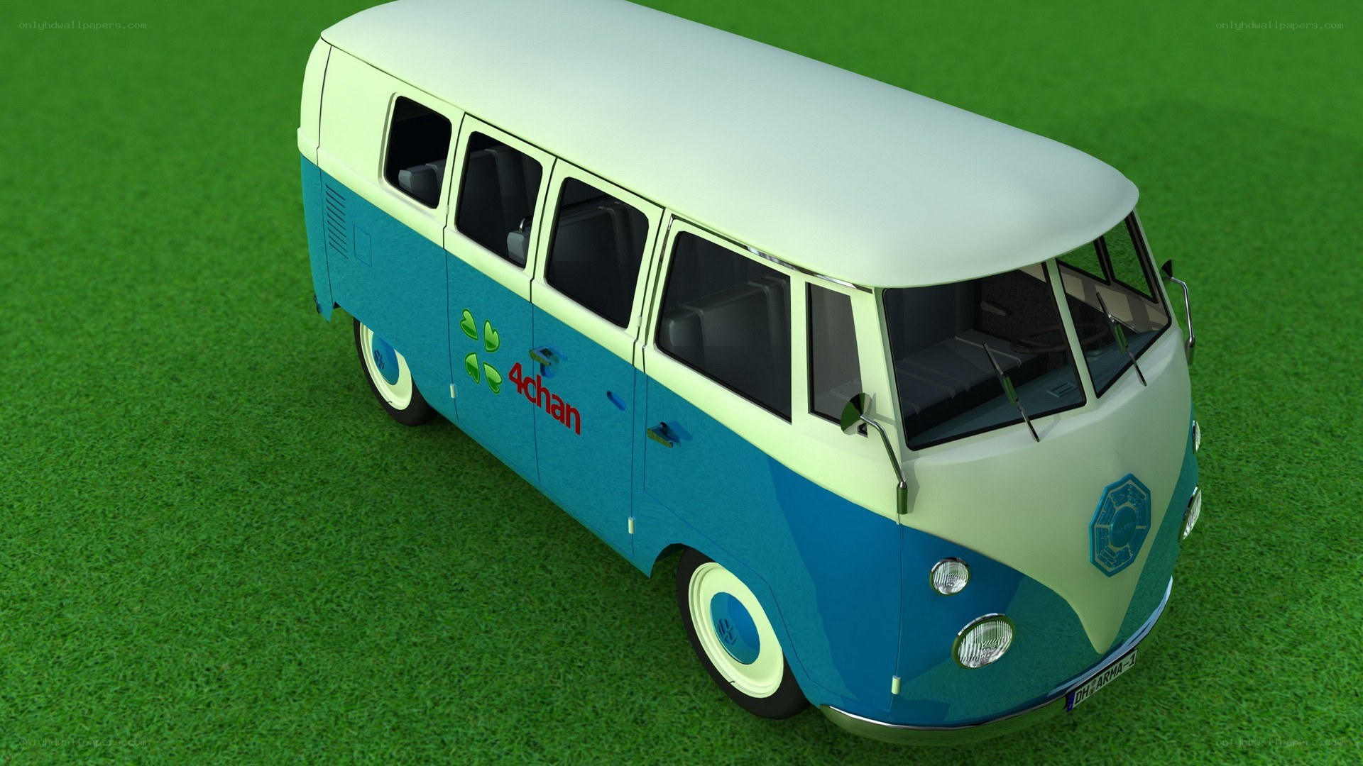 Blue and white van on grass