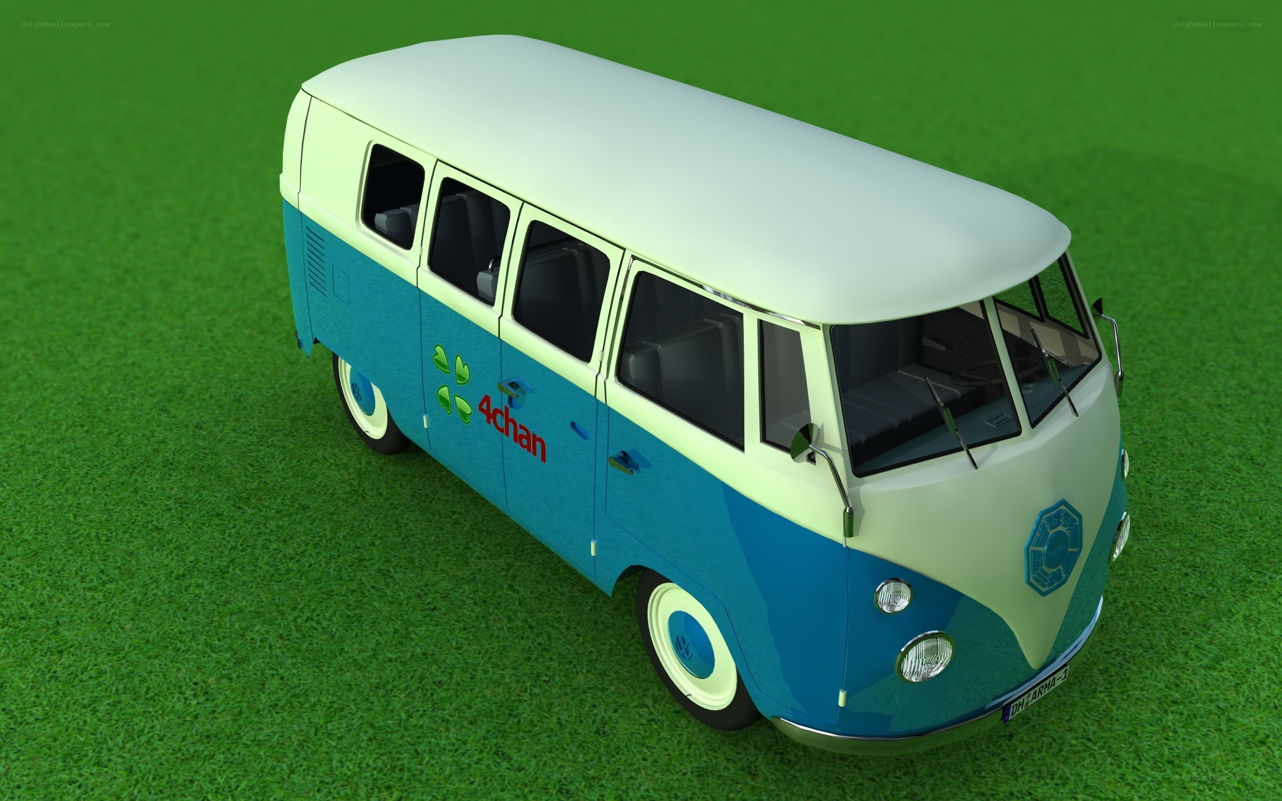 Blue and white van on grass